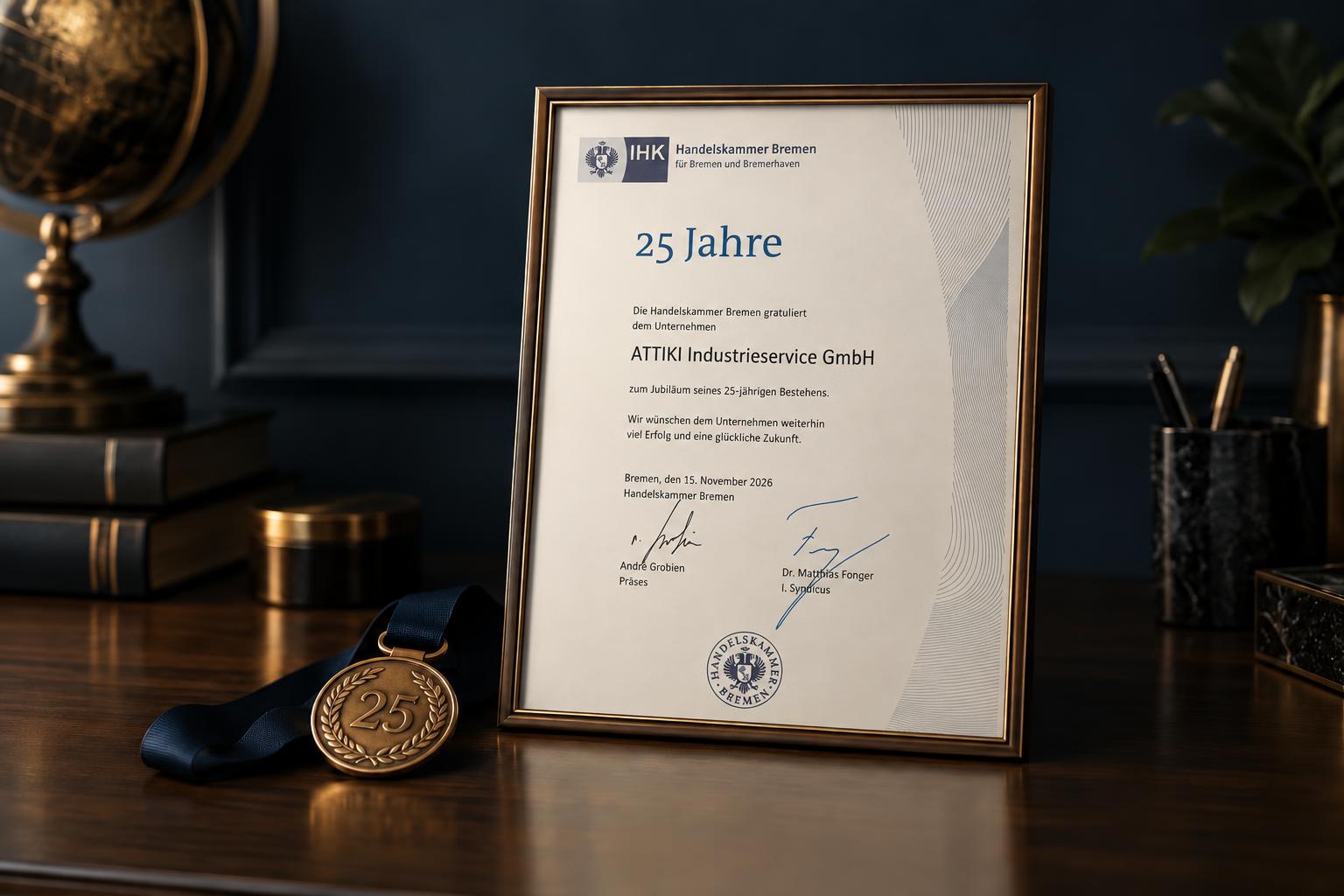 Gerahmte IHK-Urkunde zum 25-jährigen Bestehen der ATTIKI Industrieservice GmbH mit Bronzemedaille auf dunklem Holzschreibtisch