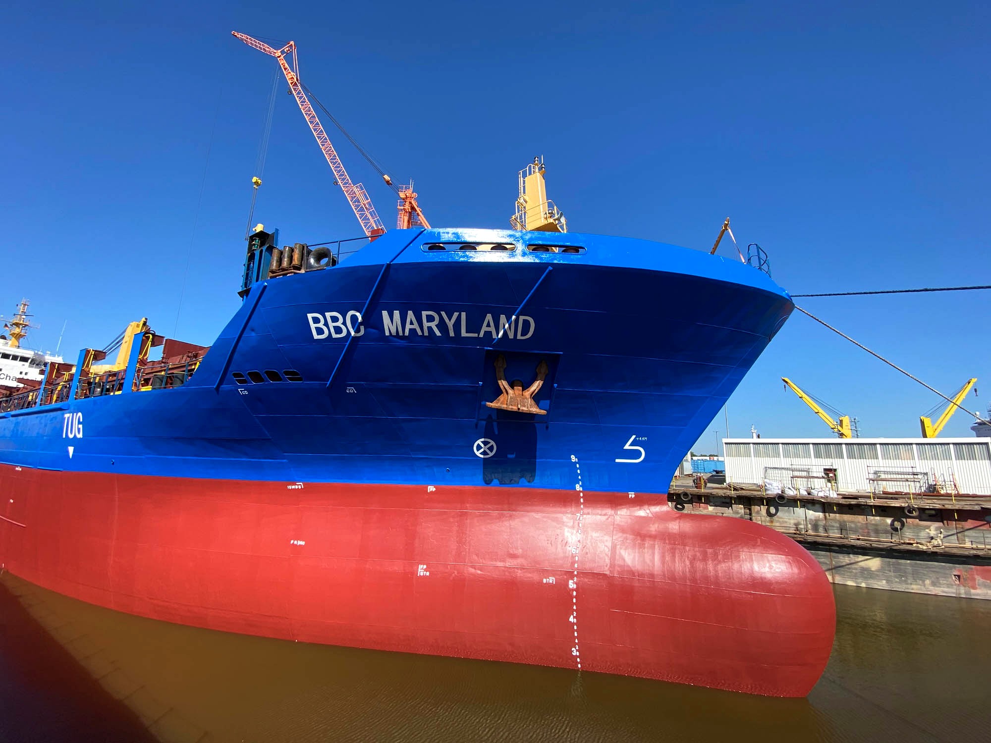 Bug der BBC MARYLAND mit neuem Decklack und scharfer Trennkante zur Unterwasserfarbe