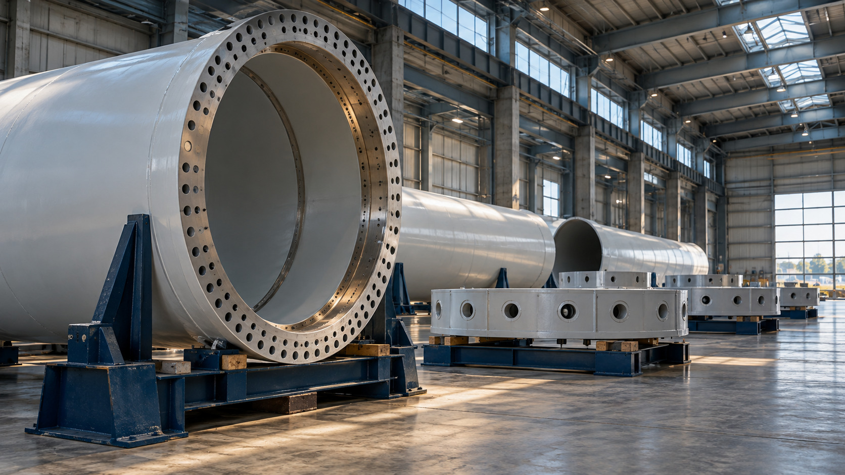 Großformatige Stahlkomponenten für Windkraftanlagen in einer Produktionshalle
