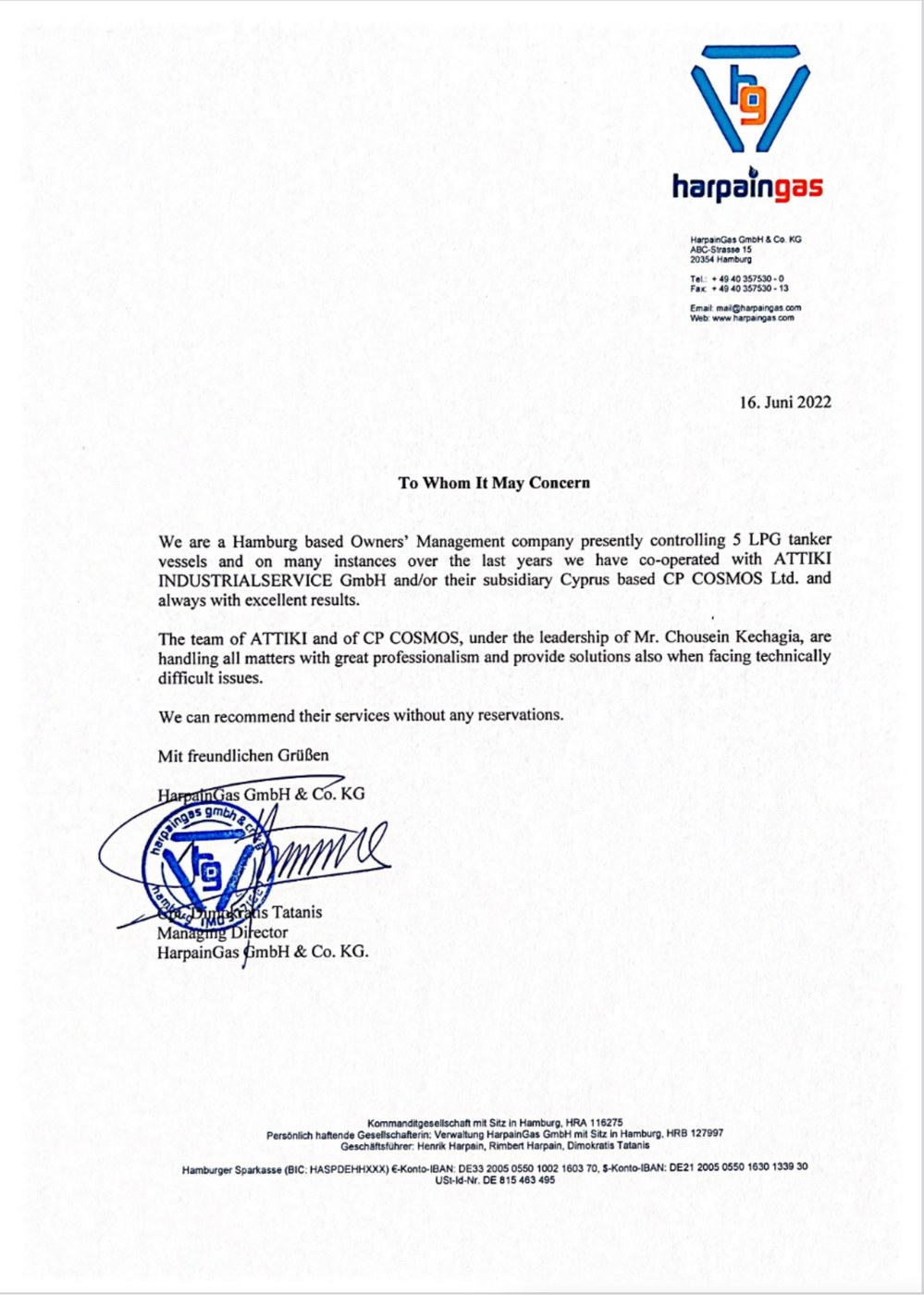 Referenzschreiben der HarpainGas GmbH & Co. KG für die ATTIKI GmbH