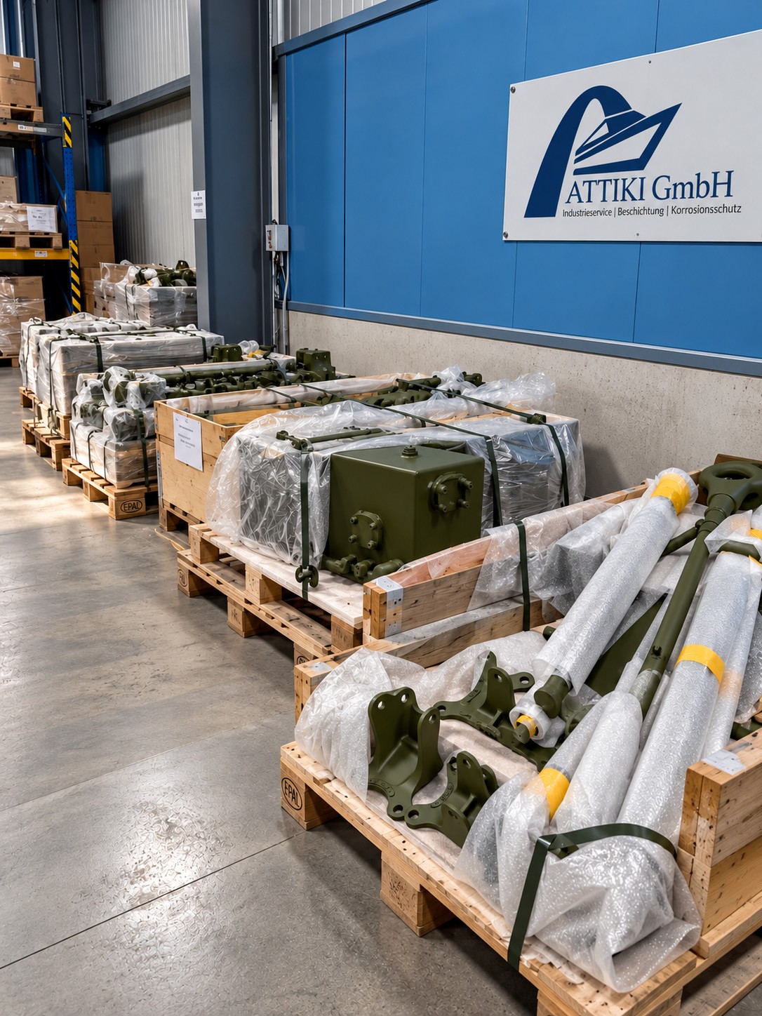 Verpackte und beschichtete Bauteile auf Paletten zur Bereitstellung in der Halle