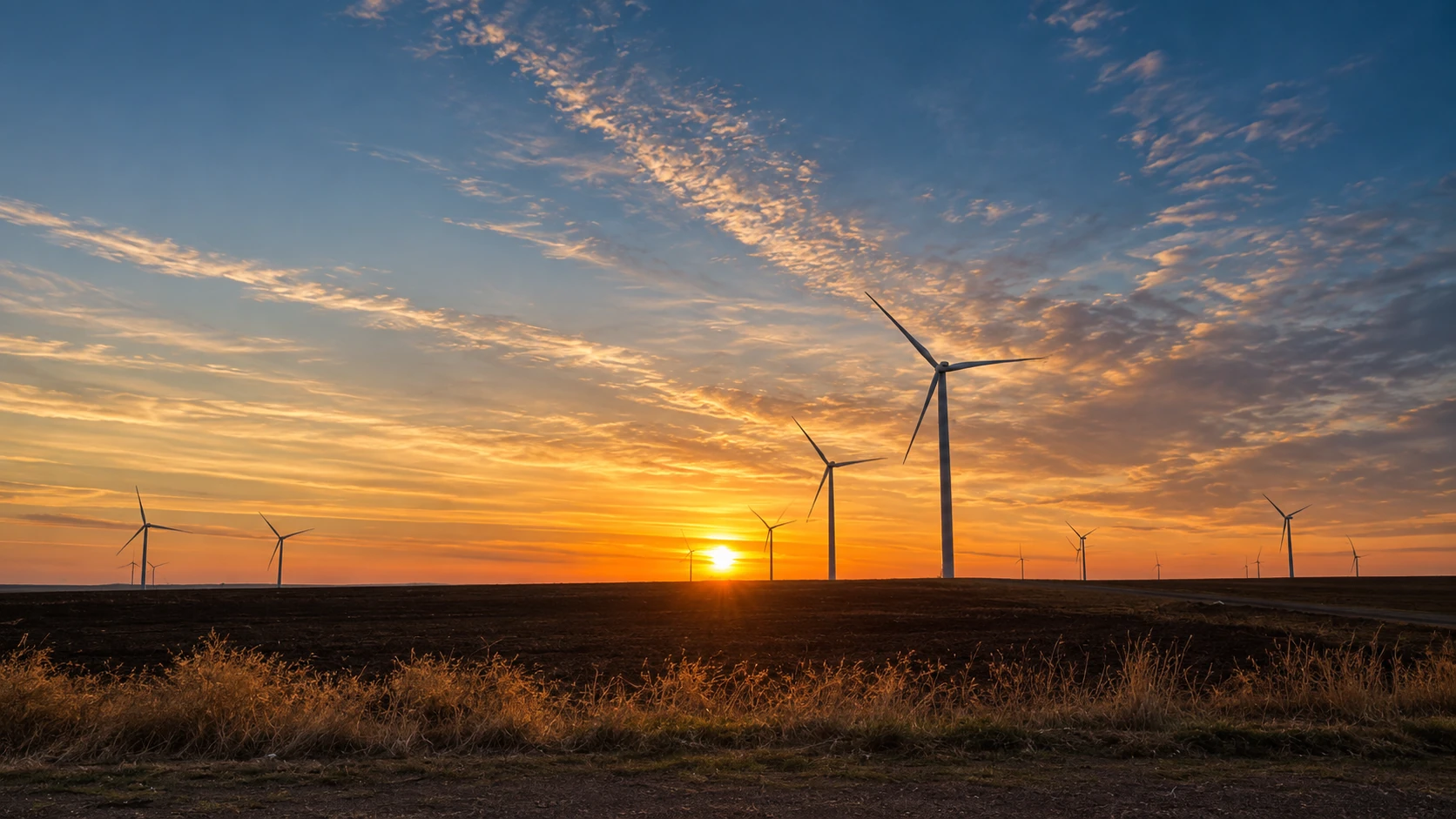 Windpark in weiter Landschaft bei goldenem Abendlicht