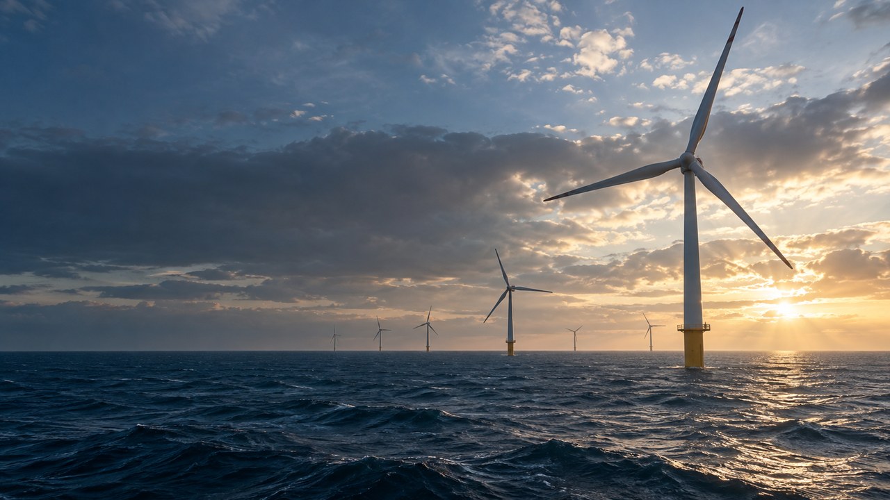 Offshore-Windpark bei Sonnenuntergang