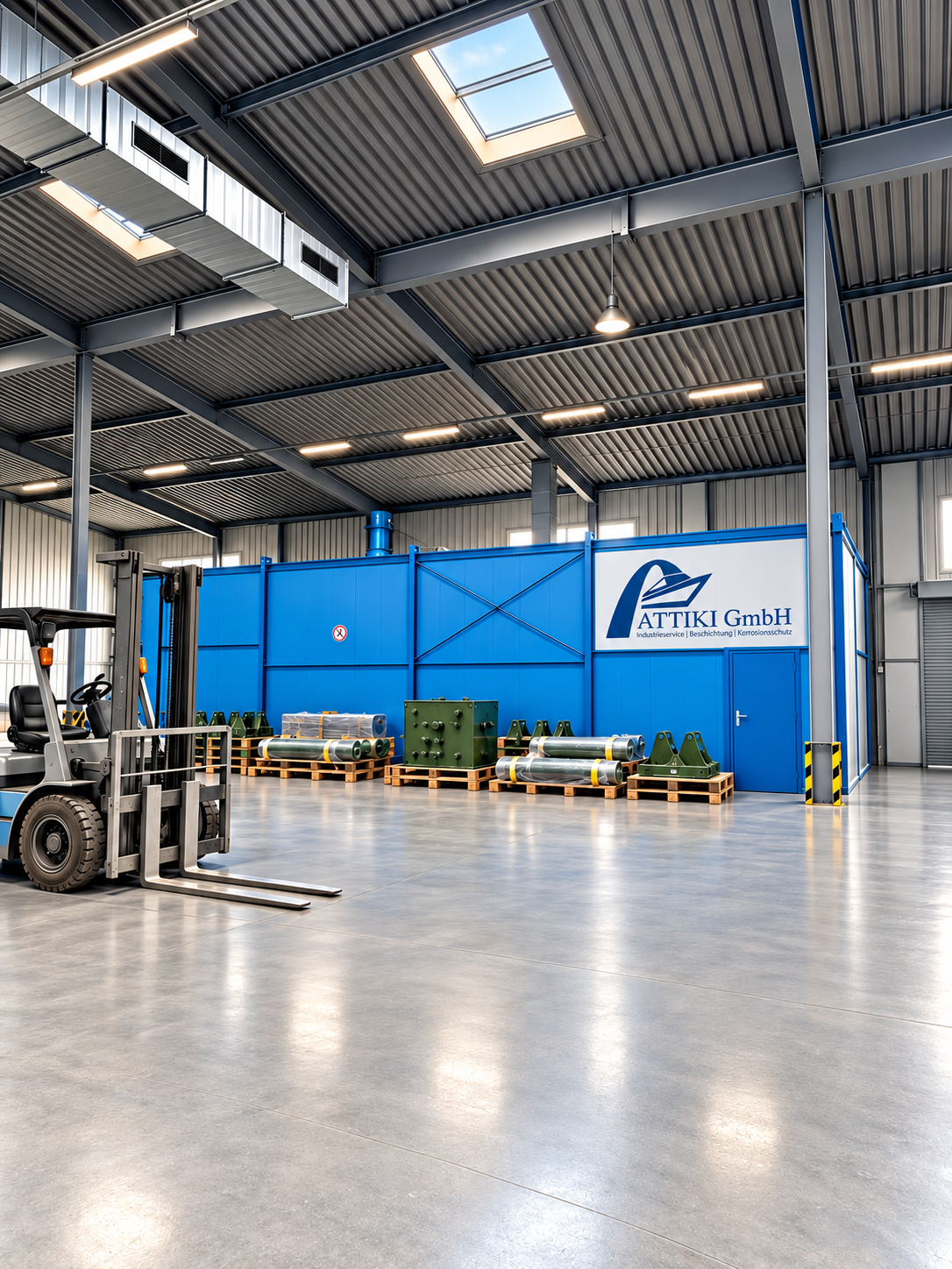 Industriehalle der ATTIKI am neuen Standort in der Bremerhavener Straße 258 in Bremen mit Gabelstapler und gelagerten Bauteilen