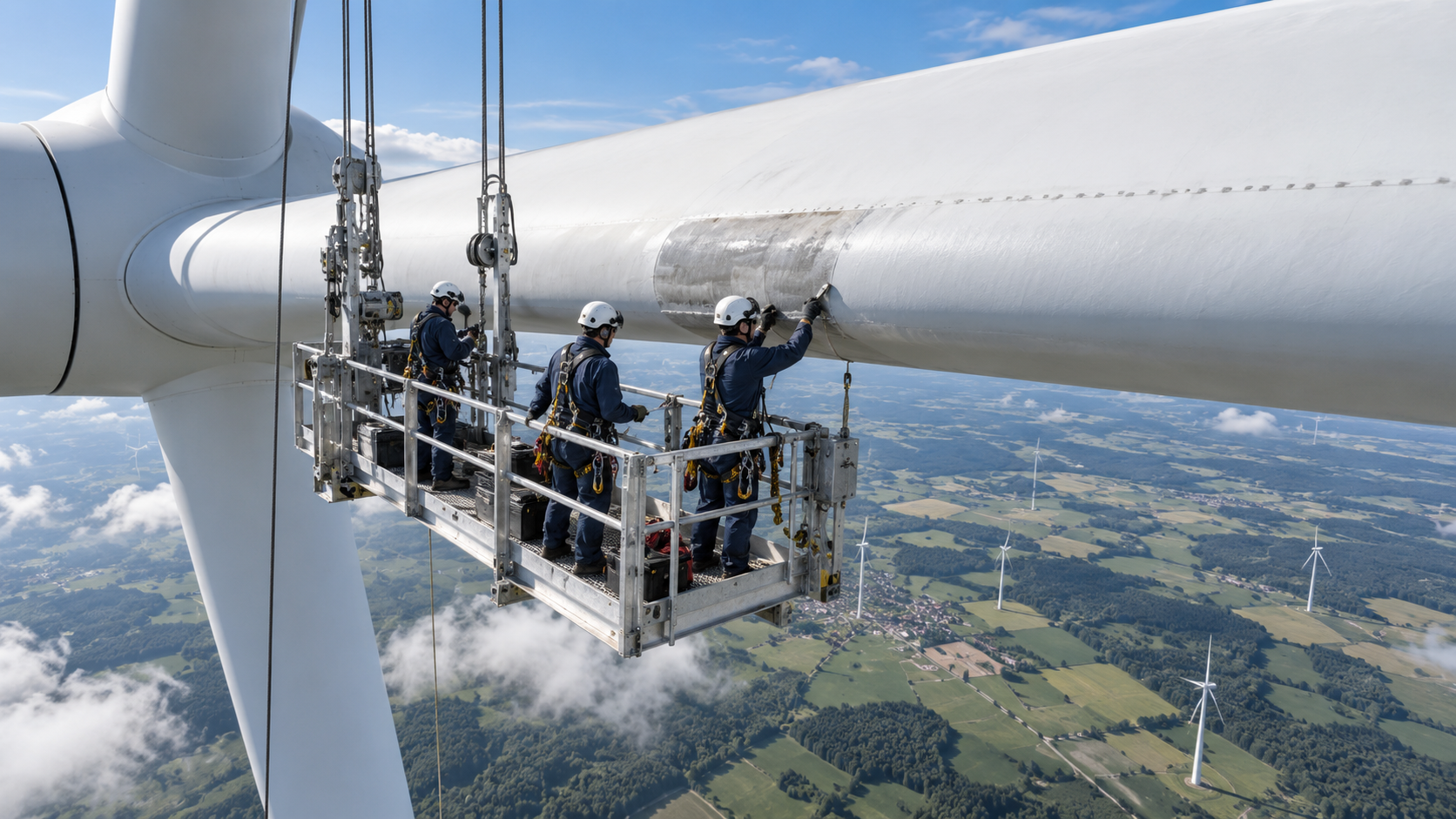 Techniker auf einer Arbeitsbühne bei der Instandsetzung eines Rotorblatts