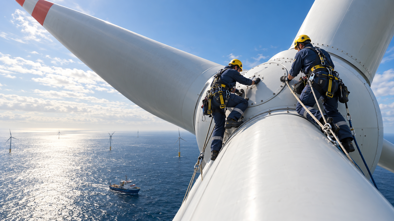 Höhenarbeiter bei Wartungsarbeiten an der Gondel einer Offshore-Windenergieanlage