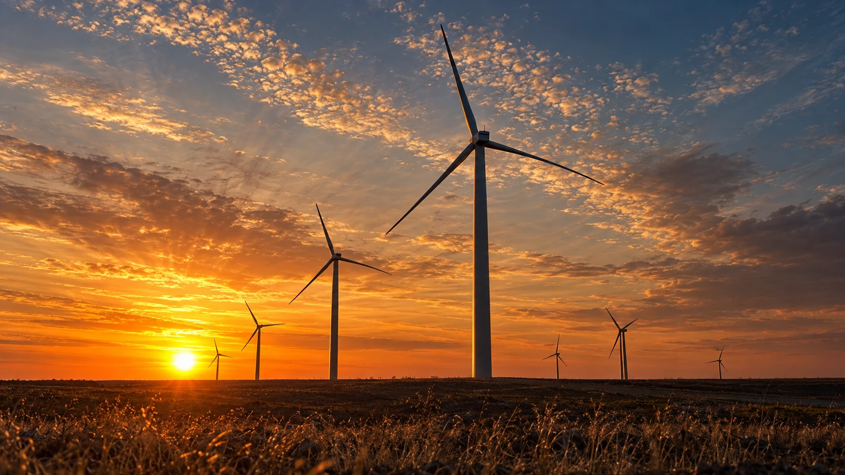 Windenergieanlagen vor einem leuchtenden Sonnenuntergang
