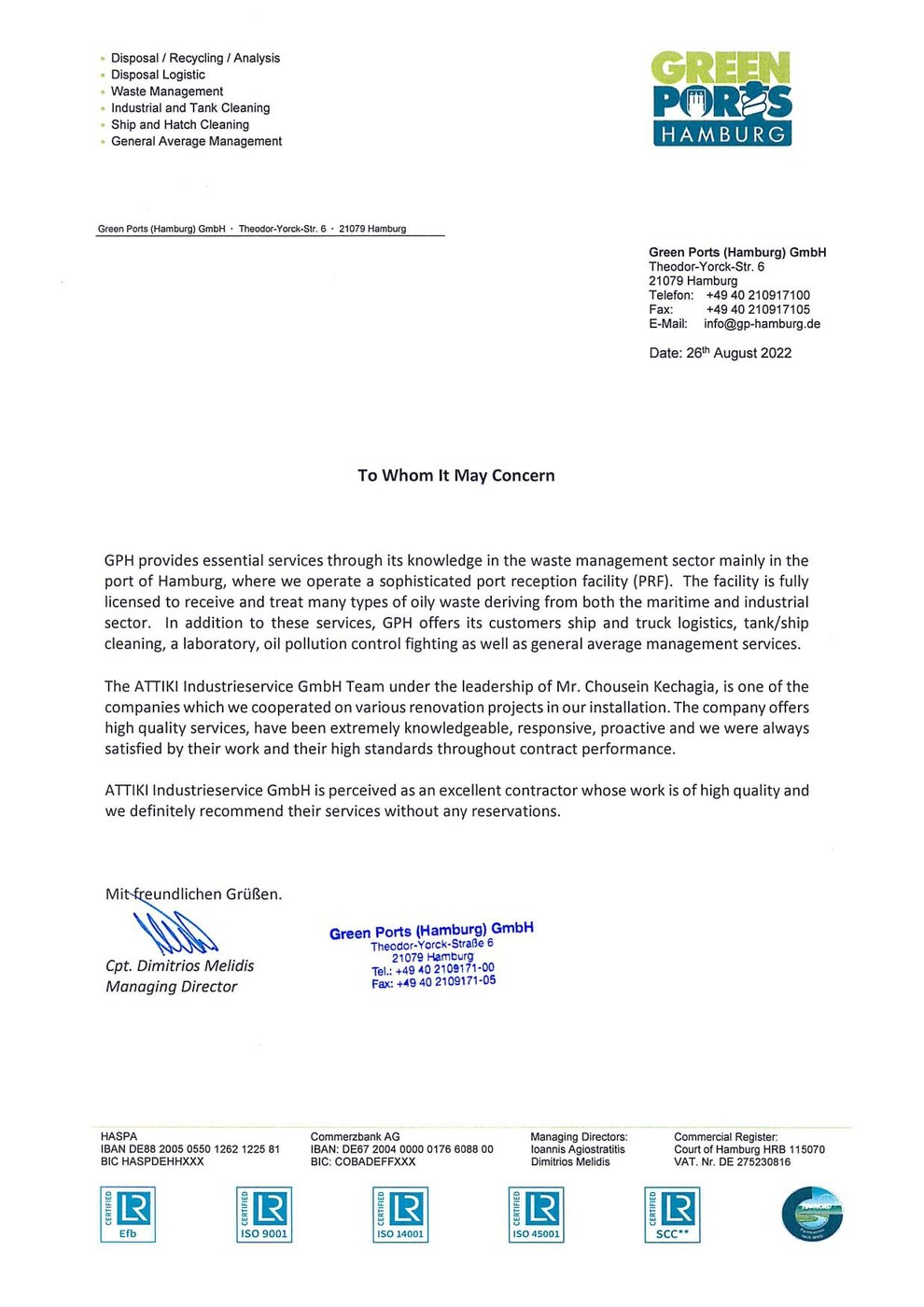Referenzschreiben der Green Ports (Hamburg) GmbH für die ATTIKI GmbH