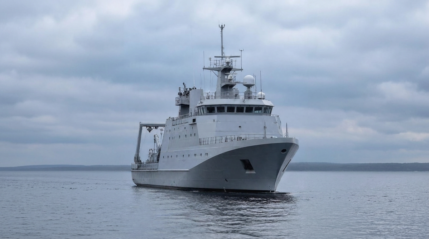 Graues Forschungs- und Spezialschiff auf ruhiger See