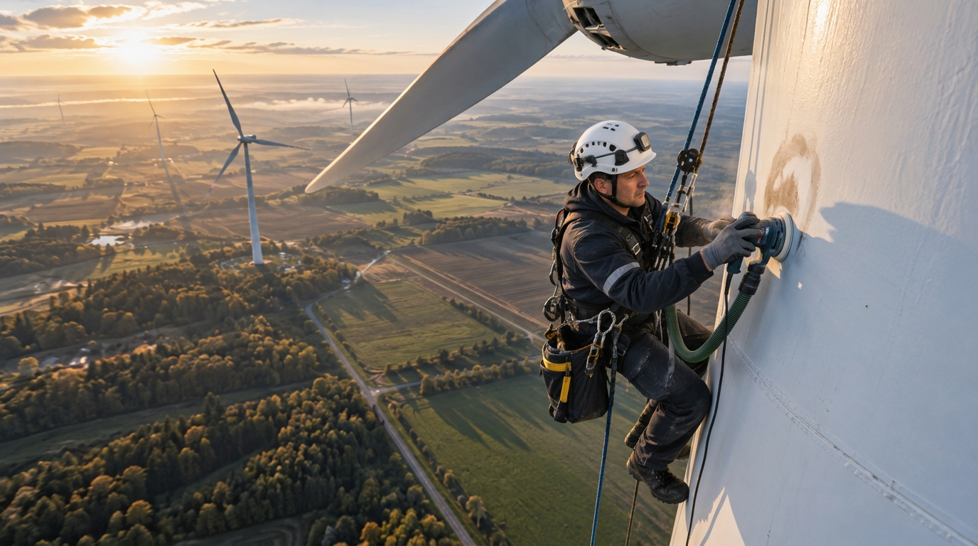 Höhenarbeiter beim Schleifen des Turms einer Windenergieanlage