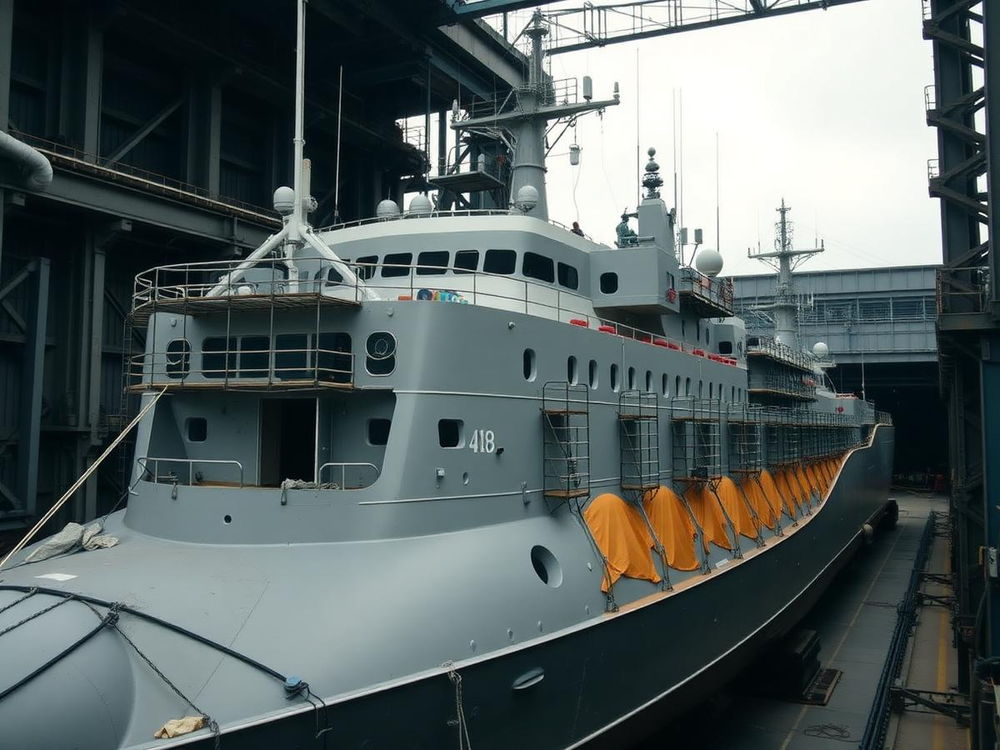 Schiff im Dock mit Arbeitsgerüst